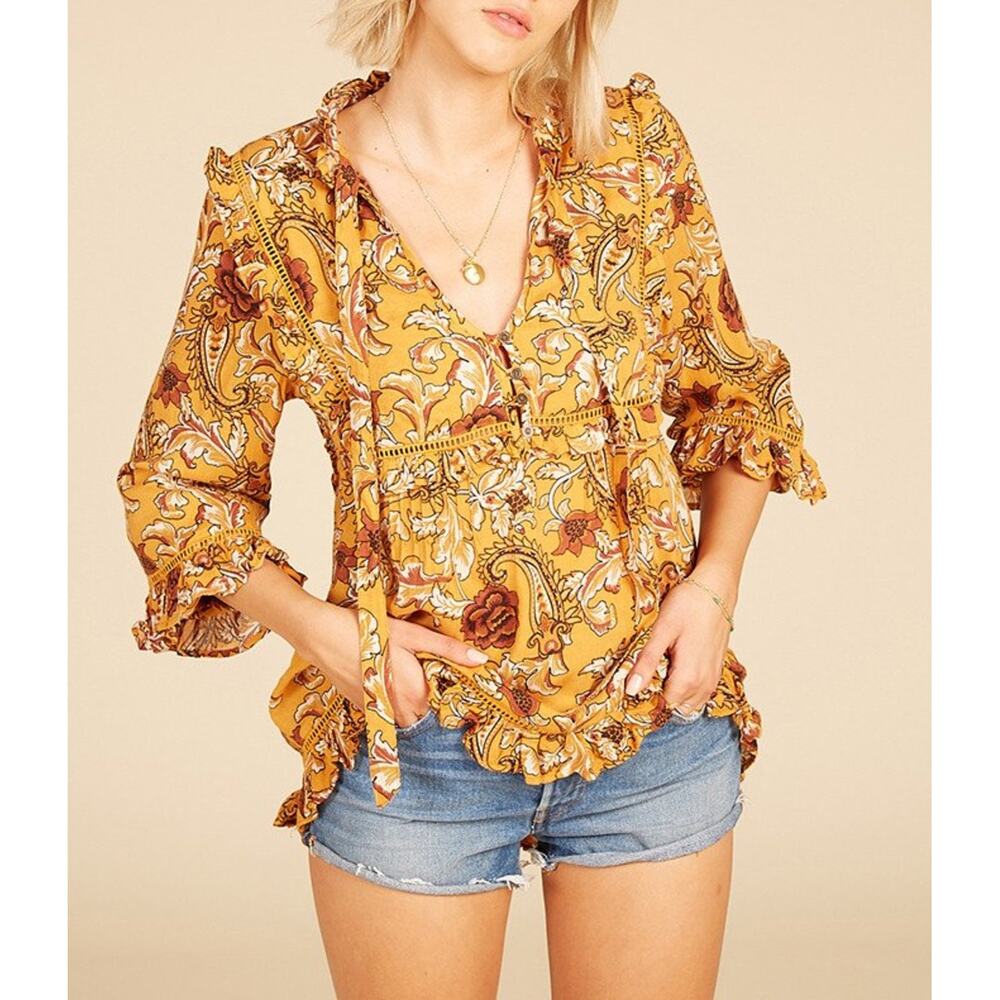 Spell Etienne Blouse Sienna Terracotta Peasant Paisley Print Ruffle Boho SZ S